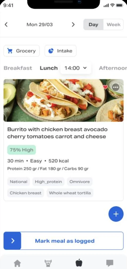 The Biovexity app nutrition plan, showing a scheduled meal with its macronutrient breakdown.